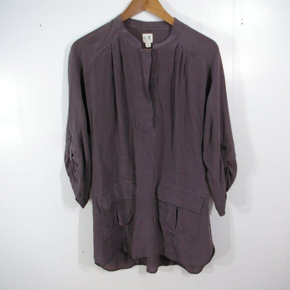 Anthopologie Edme & Esyllte 100% Silk Blouse Top Womens Large 3/4 Sleeve Henley - Picture 1 of 8